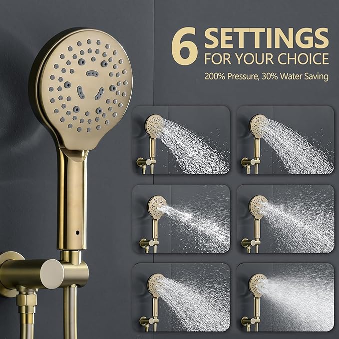 Brushed Gold Shower Faucet Set, Wall Mount Rain Shower System 10 Inches Shower Head and Shower Handheld, Included Pressure Balance Valve and Trim Kit