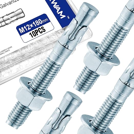 10Pcs M12×180mm Wedge Anchor Bolt, Carbon Steel Zinc Plated, Concrete Anchor Screws Kit, Anti-Rust Metric Expansion Bolts