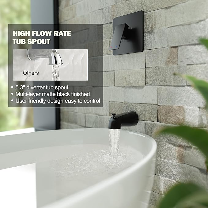 Alesco Shower Faucet Set, Black Tub Shower Faucet with 8-Inch Showerhead and Bathtub Spout, Showerhead and Handle Set Include Valve and Trim Kit, Matte Black