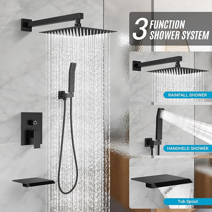 Rain Shower Faucet Set Wall Mounted Rainfall with Tub Spout Shower Head System Rough-in Valve Body and Trim Included Black (10 Inches)
