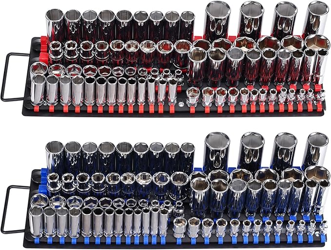 VEVOR Portable Socket Organizer Tray, 2PCS Metric & SAE Socket Organizer Set Hold up to 160 Sockets, 1/4", 3/8" and 1/2" Heavy-Duty Socket Rail with Handle & Steel Base for Tool Box Drawer