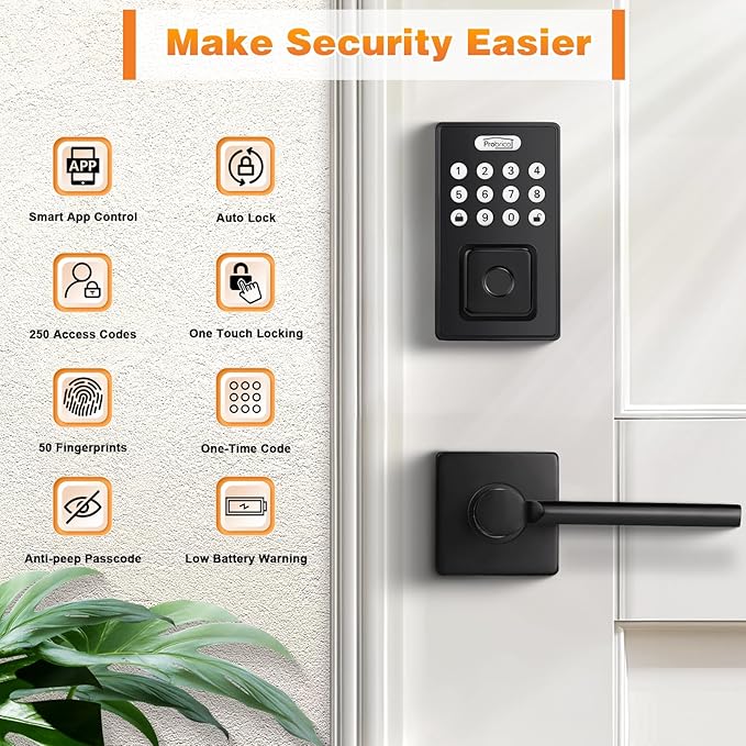Probrico Smart Door Lock for Front Door Keypad Lock with Handle Lever, Fingerprint Deadbolt Door Lock with Code, Keyless Deadbolt Lock with Handle, Black Smart Deadbolt Lock, APP, Passcode, Auto Lock