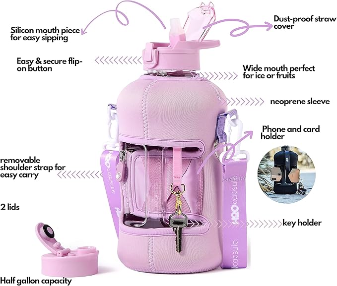 H2O Capsule 2.2L Half Gallon Water Bottle with Storage Sleeve and Covered Straw Lid – BPA Free Large Reusable Drink Container with Handle - Big Sports Jug, 2.2 Liter (74 Ounce)