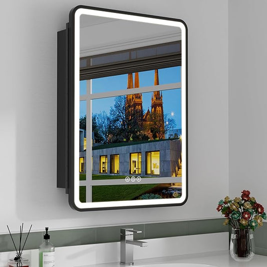 24x30 Inch Medicine Cabinet with Mirror, Recessed or Surface Mount Bathroom Medicine Cabinet with LED Lights, Anti-Fog, Memory Function, Adjustable Shelf, Dimmable Light, ETL Listed, Black,Left Hinge