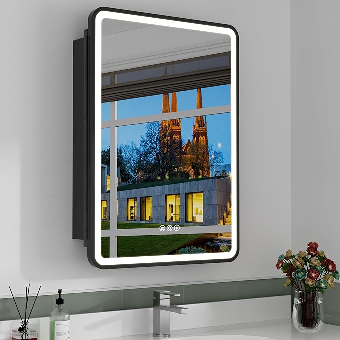 16x24 Inch Medicine Cabinet with Mirror, Recessed or Surface Mount Bathroom Medicine Cabinet with LED Lights, Anti-Fog, Memory Function, Adjustable Shelf, Dimmable Light, ETL Listed, Black,Right Hinge