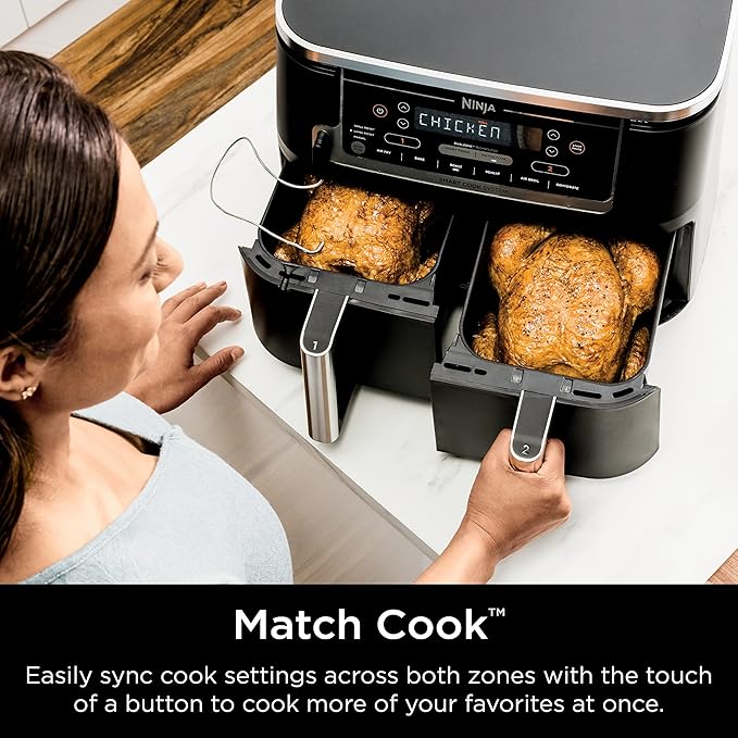 Ninja DZ550 Foodi 10 Quart 6-in-1 DualZone Smart XL Air Fryer with 2 Independent Baskets, Thermometer for Perfect Doneness, Match Cook & Smart Finish to Roast, Dehydrate & More, Grey