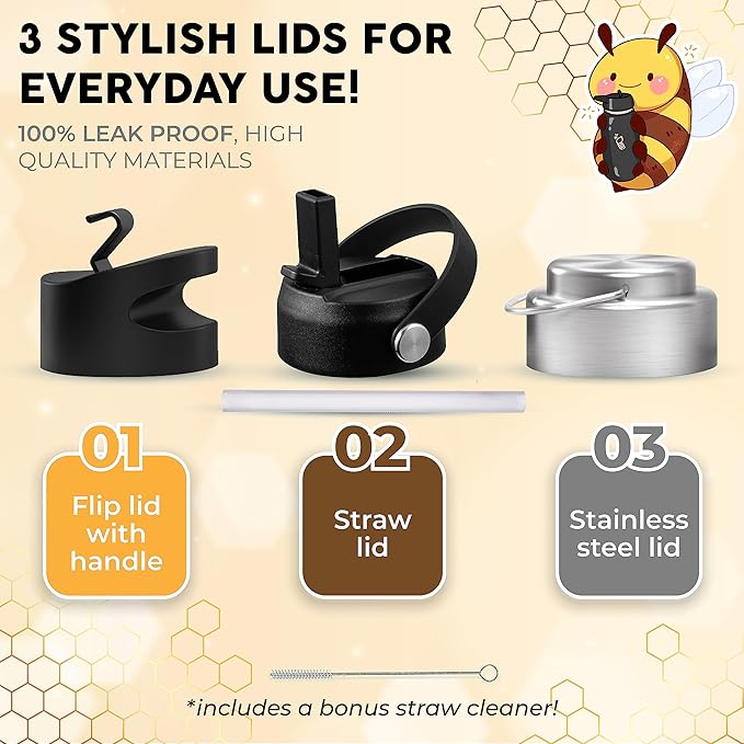 Sports Water Bottle - 32 Oz, 3 Lids (With straw), 50 Cute Stickers, Vacuum Insulated, 308 Stainless Steel, with a Portion of Sales Supporting Bee Conservation Efforts (Orange)