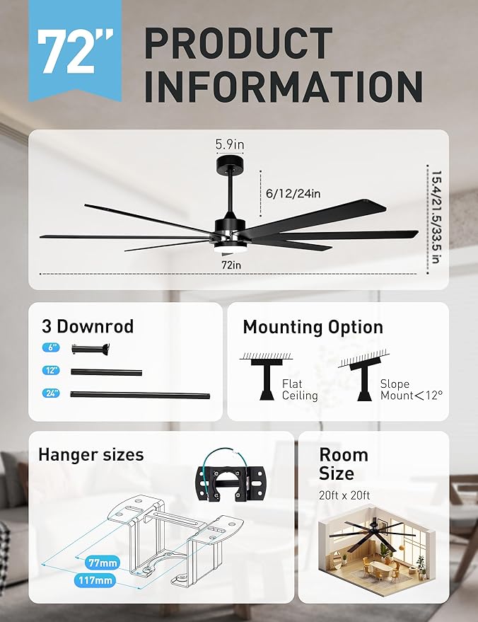 72" Black Smart Ceiling Fan with Light and Remote via WiFi Alexa APP Control,6 Speed Quiet DC Motor,Dimmable LED Light,7 Wood Blades Indoor Outdoor Ceiling Fans for Patios or Bedroom