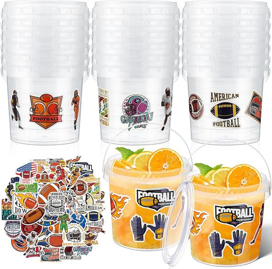 PerKoop 20 Pcs 32 oz Football Ice Cream Buckets with Lids and Handles Clear Cocktail Rum Buckets with 196 Stickers Plastic Transparent Tub Reusable Food Storage Containers for Parties