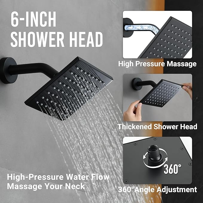 Thermostatic Dual Shower Heads System with Ceiling 12-Inch Rainfall Shower & Wall Mount 6-Inch High Pressure Shower Head, Matte Black Full Body Shower Faucet Set with Handheld Sprayer