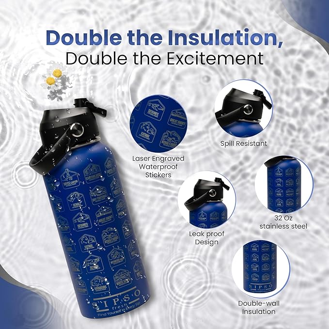 National Parks water bottle with Stickers: Unique 32 oz bottle | Double wall Stainless Steel water bottle | Leak Proof- laser Engraved water Bottle with National Park stickers (Blue)