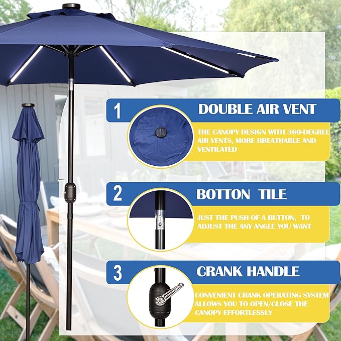 Sunnyglade 9FT Outdoor Solar LED Lighted Patio Umbrella with 8 LED Strip Lights & 8 Ribs, Convenient Crank Lift System