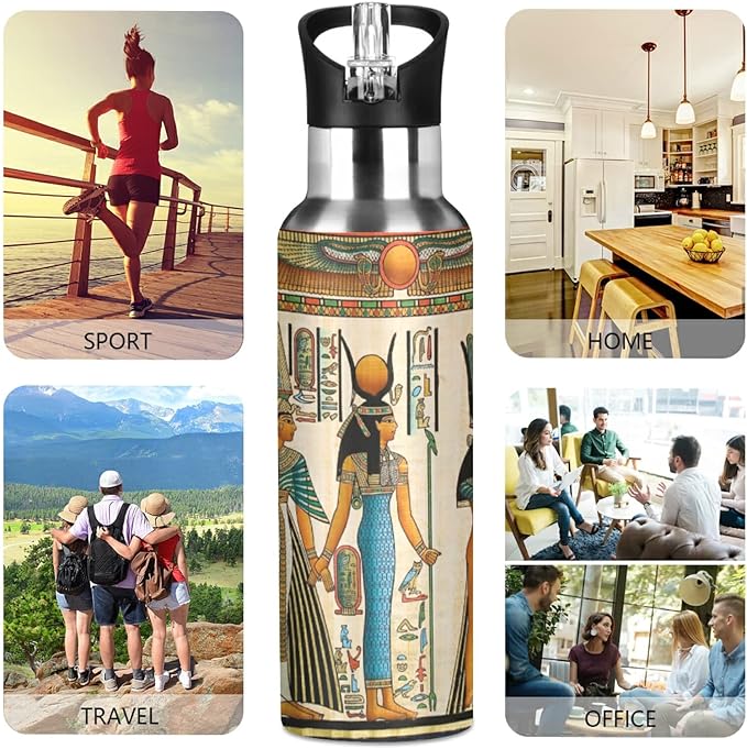 Blueangle 20 OZ Queen Of Egypt Water Bottle with Straw, Sports Water Bottle BPA Free Stainless Steel Water Jugs for Gym, Kitchen, Working, Outdoor（26）