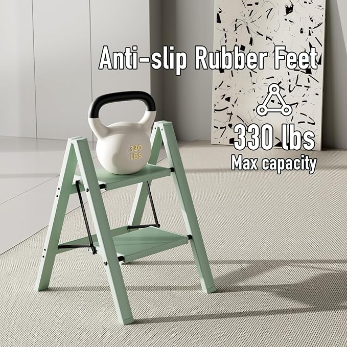 2 Step Ladder,Aluminum Folding Step Stool for Adults,Step Ladder with Wide Anti-Slip Pedal,330 lbs Capacity for Home,Office,Kitchen,Library(Green)
