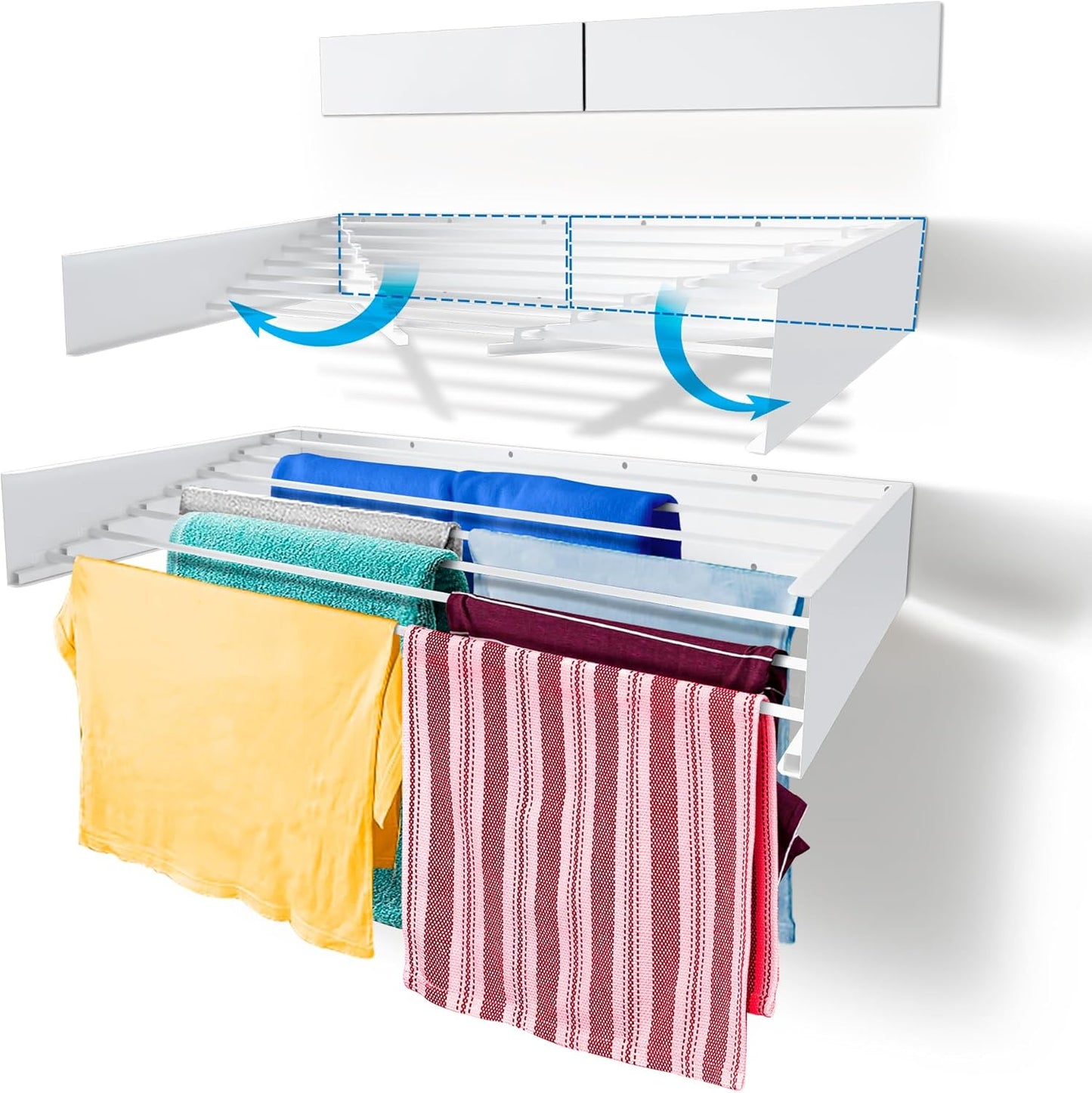 Step Up Laundry Drying Rack (Extra Large: 47 Inches, 12 Lbs), Wall Mounted, Retractable Clothes Drying Rack, 70lbs Capacity, 27 Linear Ft, with Wall Template and Long Drill Bit (47" White)