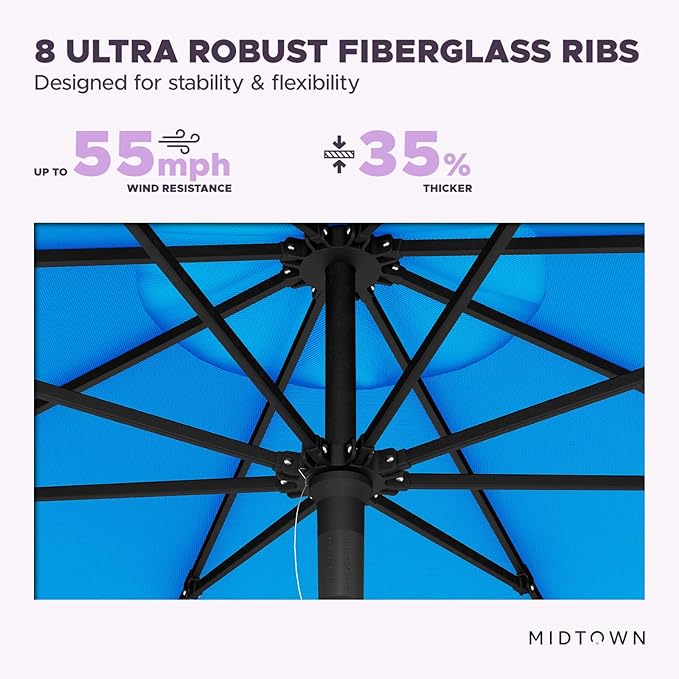 Midtown Umbrellas Push and Pop 10 Feet Outdoor Umbrella, Cobalt (Blue) Polyester Fabric - Fiberglass Ribs Deck Patio Umbrella, Backyard Umbrella, Garden Umbrella & Pool Umbrella - Black Pole