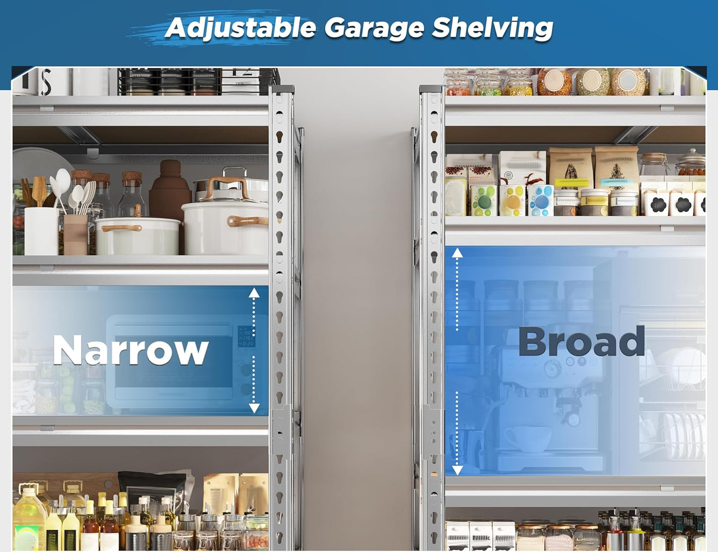 REIBII Garage Shelving, 5 Tier Storage Shelves Load 3000LBS, Adjustable Garage Shelving Heavy Duty, Metal Shelves Unit for Basement, Warehouse, 48" W x 72" H x 18" D, Galvanized