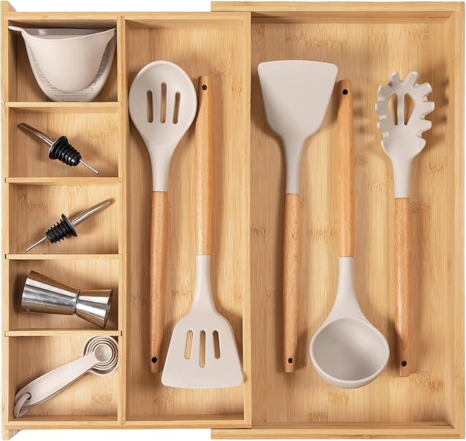 KitchenEdge Adjustable Kitchen Drawer Organizer for Utensils and Junk, Food-Safe Contract Grade with 100% Sustainable Wood, Expandable from 10.5 to 19 Inches Wide - Natural Bamboo