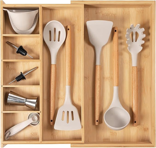 KitchenEdge Adjustable Kitchen Drawer Organizer for Utensils and Junk, Food-Safe Contract Grade with 100% Sustainable Wood, Expandable from 10.5 to 19 Inches Wide - Natural Bamboo