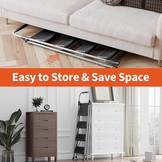 4 Step Ladder, Folding Step Stool with Anti-Slip Wide Pedal, Soft Handle, Anti-Slip Feet, Heavy-Duty Steel Construction, 900lbs Capacity Steel Ladder for Home Office, Grey