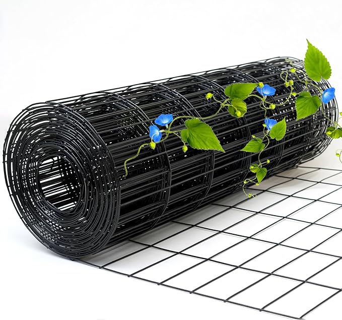 Black Metal Garden Fence, 48inch(H) x 50ft(L), 2 inch x 3 inch,14GA 2/3/4/5/6 Ft Tall Chicken Wire PVC Coated Welded Wire Mesh Roll for Dogs Border Yard Vegetable Plant Protection Poultry Netting