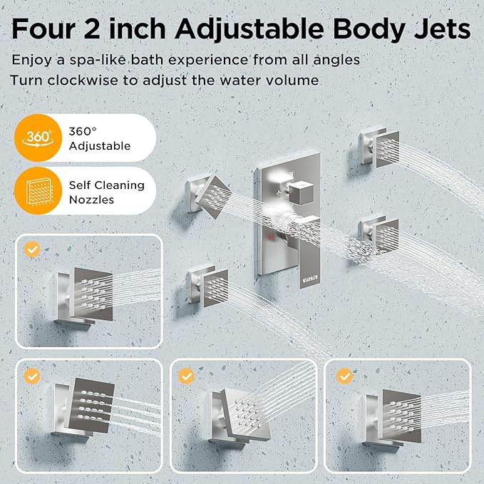 Shower Systems with 4 Body Spray Jets, STARBATH 4 Way 12+6" Rainfall Shower Head with Handheld Combo, Ceiling Mounted Shower Jets System in Wall Shower Faucet Sets Complete, Brushed Nickel