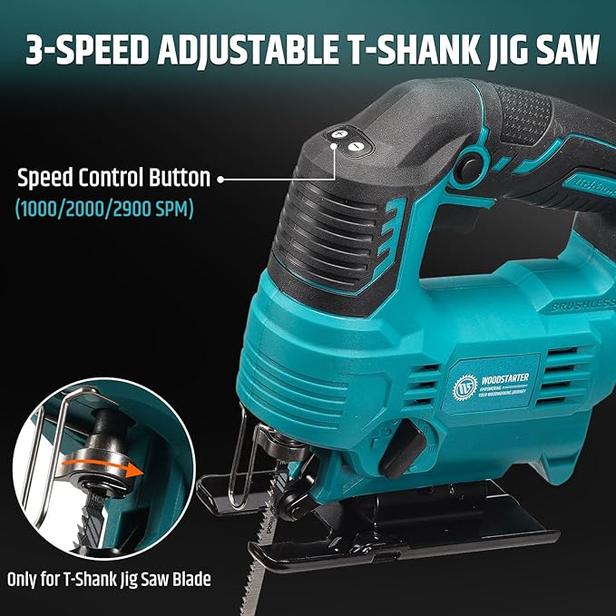 Cordless Jig Saw with Brushless Motor, 3 Adjustable Speed Settings, 45°-90° Cutting Angle, Compatible with T-Shaped Blades, Includes Dust Blowing Feature(With Battery and Charger)