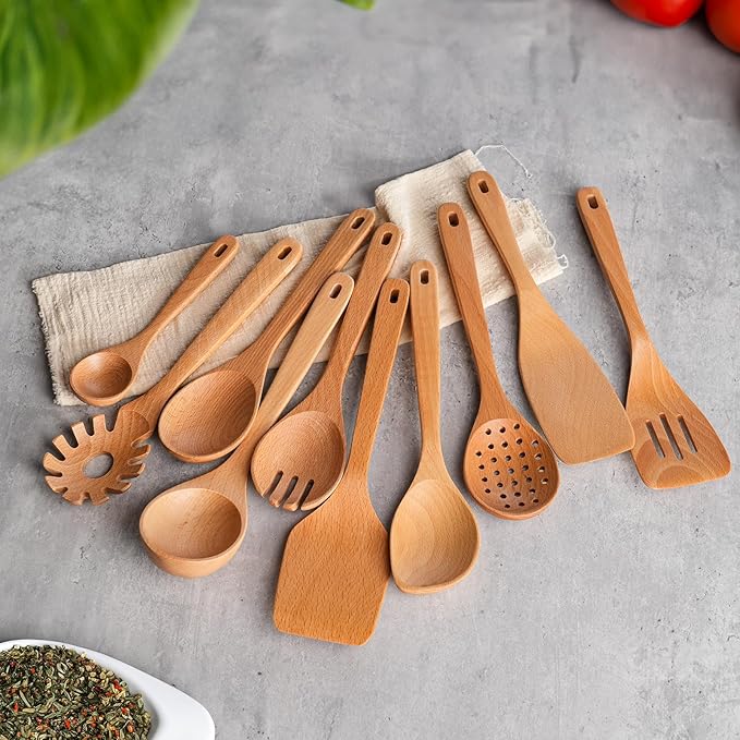 11 PCS WOSPONFAN Kitchen Utensils Set - Wooden Spoons for Cooking, Natural Beech Wood Wooden Utensils - Includes Wooden Spoons, Spatula Set, Slotted Spoon - Handmade Wooden Spoon Set