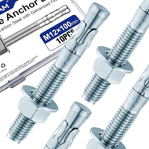 10Pcs M12×100mm Wedge Anchor Bolt, Carbon Steel Zinc Plated, Concrete Anchor Screws Kit, Anti-Rust Metric Expansion Bolts