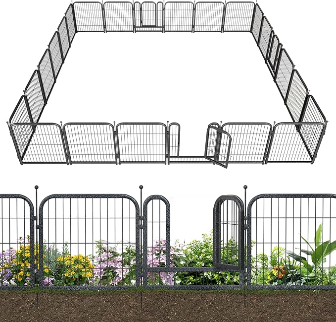 Metal Garden Fence with 21 Panels 3 Gates Outdoor Dog Fence 54ft (L)×32in (H) Decorative Pet & Animal Barrier, Garden and Yard Fencing，Black-Silver