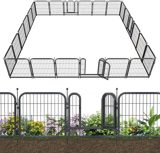 Metal Garden Fence with 21 Panels 3 Gates Outdoor Dog Fence 54ft (L)×32in (H) Decorative Pet & Animal Barrier, Garden and Yard Fencing，Black-Silver