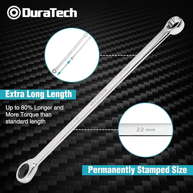 DURATECH Extra Long Ratcheting Wrench Set, Double Box End Wrench Set, Metric, 9-Piece, 8,10,12,13,14,16,17,19,22 mm, CR-V Steel, with EVA Foam Tool Organizer