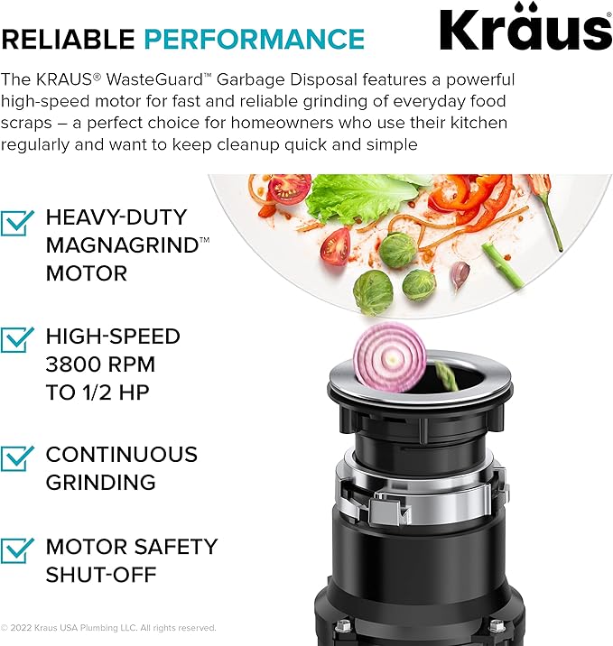 KRAUS WasteGuard 1/2 HP Continuous Feed Ultra-Quiet Motor Garbage Disposal with Quick Connect Mount, Power Cord and Flange Included, KWD110-50MBL