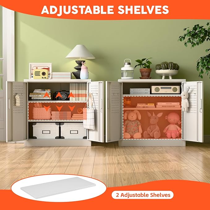 Metal Storage Cabinets with Pegboards and Hooks, 31.5" H Metal Garage Cabinets with Locking Doors and 2 Adjustable Shelves for Home,Office,Garage,School,Assembly Required,White