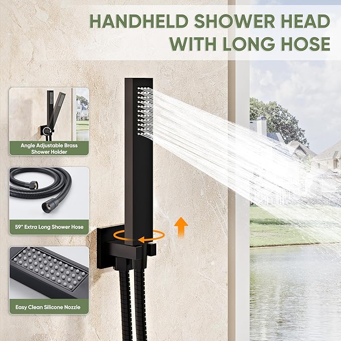 Black Shower System, Wall Mounted Shower Faucet Set with Valve, 10-Inch Rainfall Shower Head with Handheld Combo Spray, 59'' Long Shower Hose and Shower Trim Kit, Matte Black