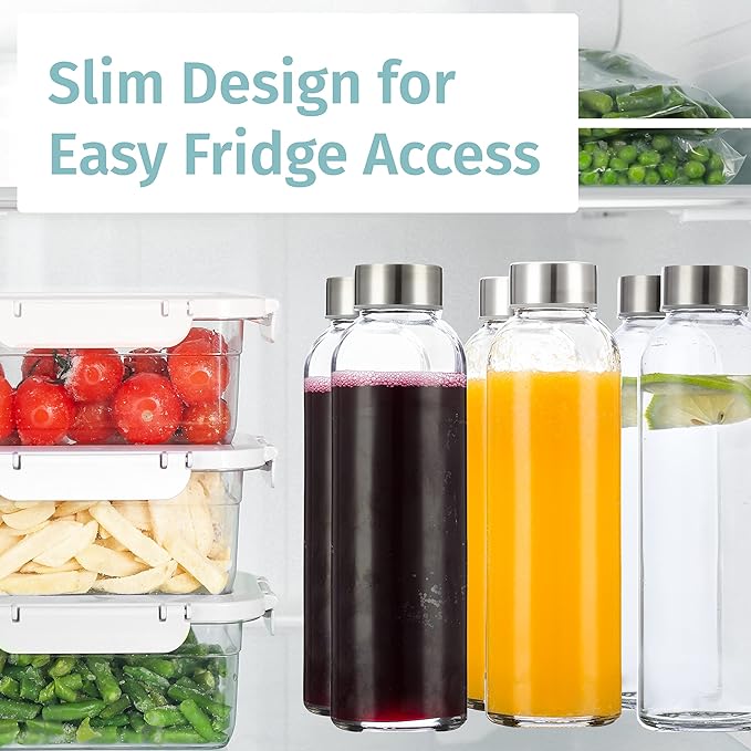 Glass Water Bottles 6 Pack With Sleeves and Stainless Steel Lids - 18oz Size - Leak Proof Caps, Reusable and Perfect For Travel and Storing Beverages Juice, Smoothies, Kombucha, Kefir, Tea