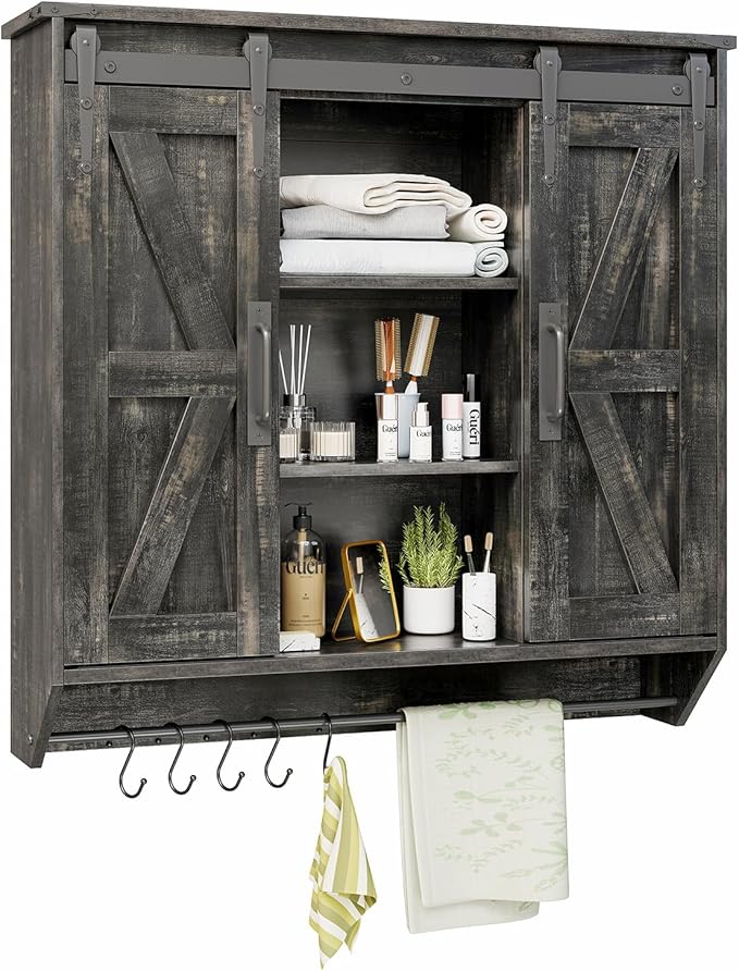 Farmhouse Medicine Cabinet 2 Sliding Barn Doors 3 Tier Rustic Wood Wall Storage Cabinet Adjustable Shelf Towel Bar Wall Mounted Bathroom Wall Cabinet