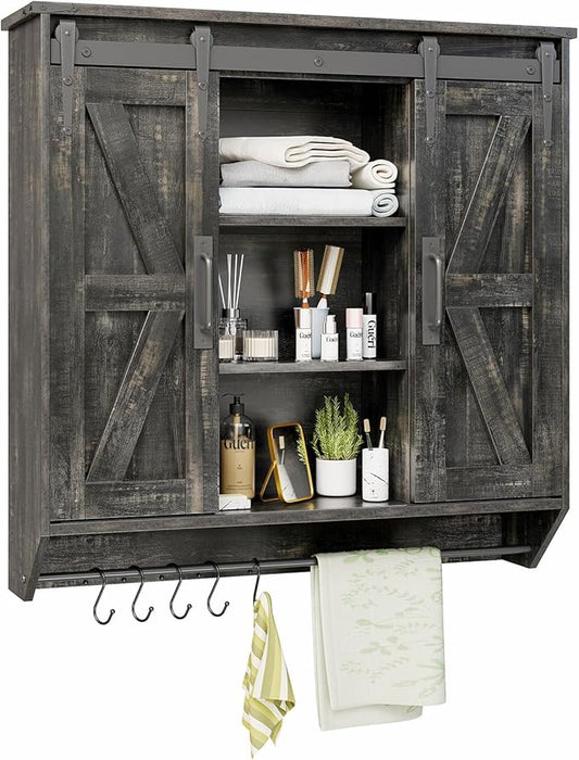 Farmhouse Medicine Cabinet 2 Sliding Barn Doors 3 Tier Rustic Wood Wall Storage Cabinet Adjustable Shelf Towel Bar Wall Mounted Bathroom Wall Cabinet
