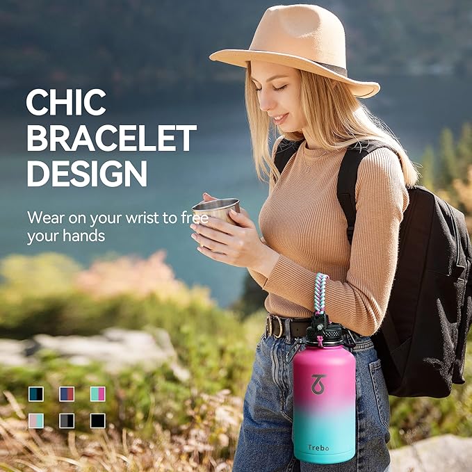 Water Bottle 64oz with Paracord Handle, Trebo Half Gallon Double Wall Vacuum Stainless Steel Insulated Jug with Straw Spout Handle Lids, Leakproof Water Flask Keep Cold Hot Thermo Canteen Mug,Rose Red