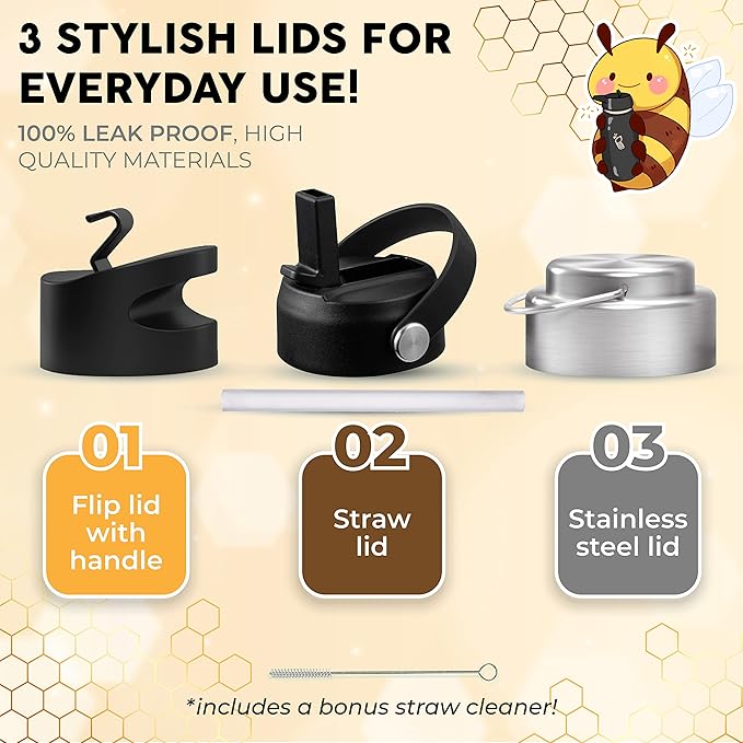 Sports Water Bottle - 32 Oz, Includes 50 Cute Flask Stickers, 3 Lids (With straw), Vacuum Insulated, 308 Stainless Steel, with a Portion of Sales Supporting Bee Conservation | White