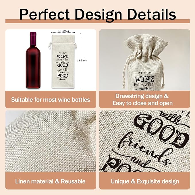 Friendship Wine Gift Bag, Friendship Gifts for Friend Coworker BFF, 1pcs Well with Good Friend and Poor Choice Reusable Burlap Drawstring Wine Gifts Bag for Wine Bottles, Holiday Party Favor -08