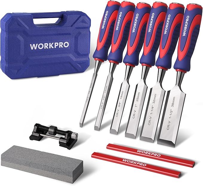 WORKPRO 10-Piece Wood Chisel Set for Woodworking, Cr-V Bevel Edge Chisels (1/4", 1/2", 3/4", 1", 1-1/4", 1-1/2") with Sharpening Stone, Honing Guide, Carpenter Pencils & Storage Case