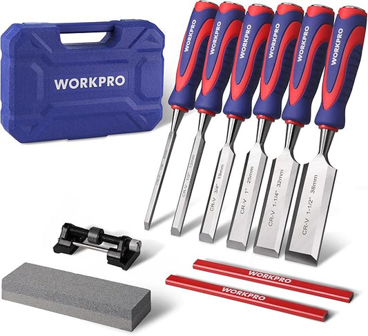 WORKPRO 10-Piece Wood Chisel Set for Woodworking, Cr-V Bevel Edge Chisels (1/4", 1/2", 3/4", 1", 1-1/4", 1-1/2") with Sharpening Stone, Honing Guide, Carpenter Pencils & Storage Case