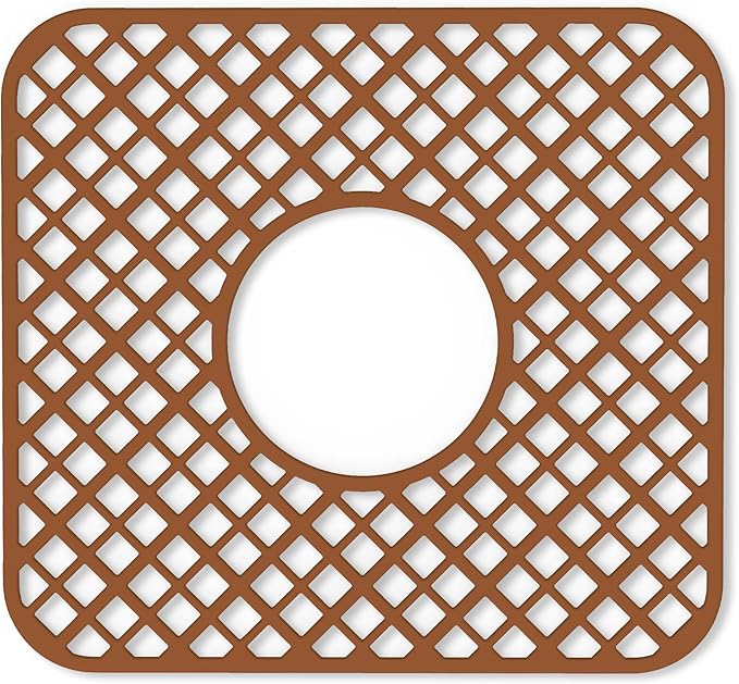2 Pack Silicone Sink Protector for Kitchen Sink, Lozenge Pattern 12 x 11" Sink Grid Mat Silicone Protectors, Center Drain, Coffee