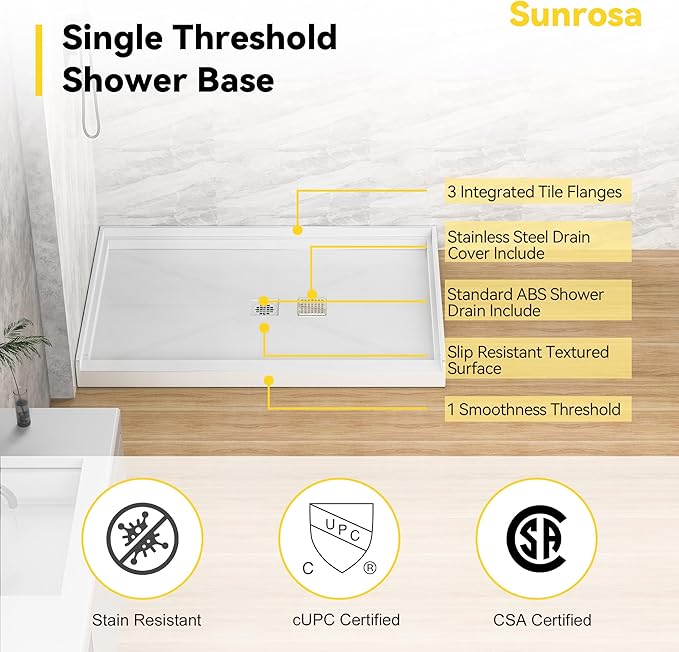 Sunrosa Shower Base 48"×32"×4", Single Threshold Shower Bases with Center Drain, Rectangle Solid Surface White Shower Pan, Slip Resistant Textured Surface, Include Stainless Steel Chrome Cover