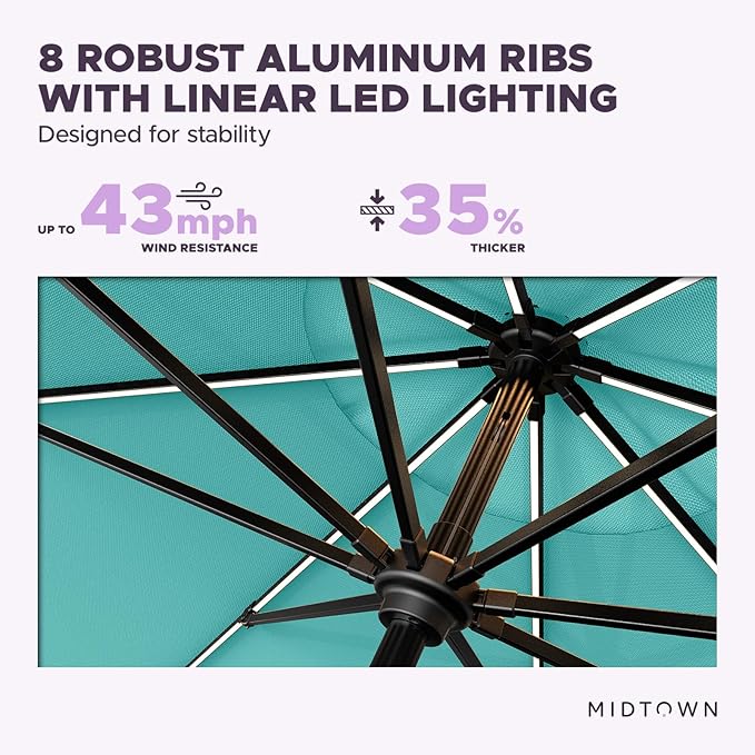 Midtown Umbrellas The LED Swilt 10 Feet Patio Umbrella With Sunbrella Aruba Acrylic Fabric - Auto-Tilt Aluminum Frame With LED Lights For Backyard, Deck, Garden, Pool - Black Pole