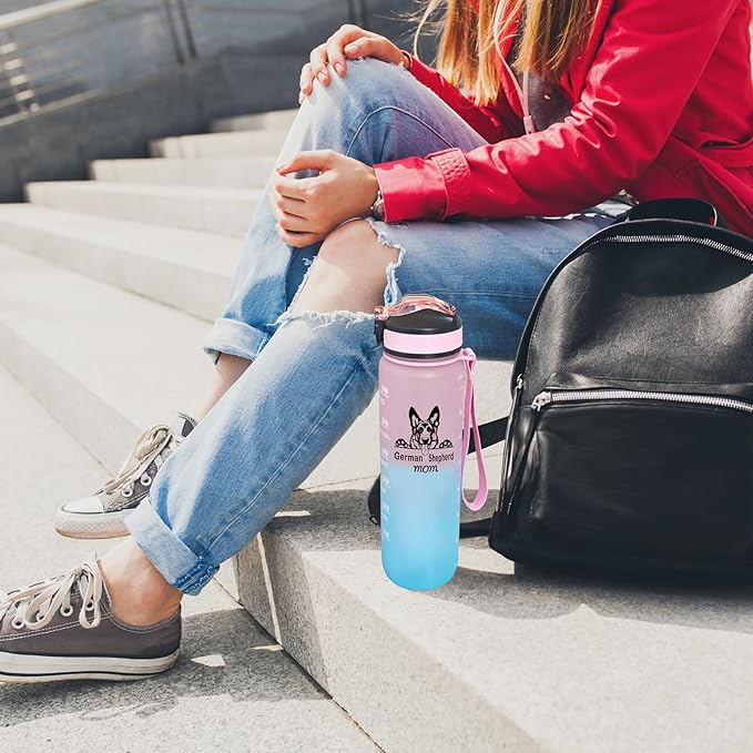 German Shepherd Mom Water Bottle with Straw, Carry Strap, LeakProof, Tritan BPA Free, 32 Oz Motivational Water Bottle with Time Marker to Drink Enough Water for Gym Fitness Outdoor