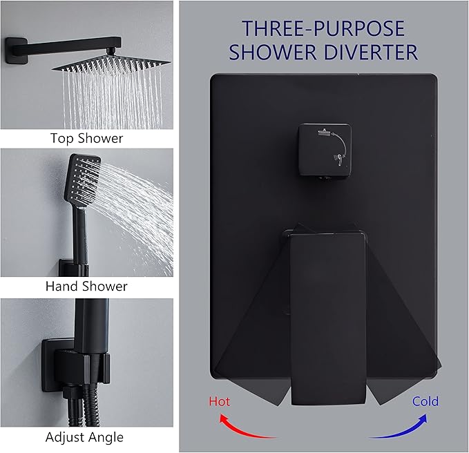 8 Inch Shower System with Tub Spout, Black Shower Faucet Set for Bathroom, Square High Pressure Shower Head, 2-Setting Handheld Faucets Sets, Wall Mounted Rainfall Shower Valve Kit
