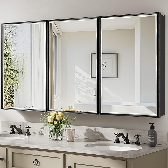 60x30 Inch Black Medicine Cabinet Mirror, Surface or Recessed Large Framed Medicine Cabinet with 3 Beveled Mirror Door & Adjustable Shelves,Shatterproof, Full-Assembled Storage Wall Cabinet