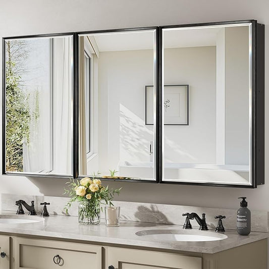 60x30 Inch Black Medicine Cabinet Mirror, Surface or Recessed Large Framed Medicine Cabinet with 3 Beveled Mirror Door & Adjustable Shelves,Shatterproof, Full-Assembled Storage Wall Cabinet
